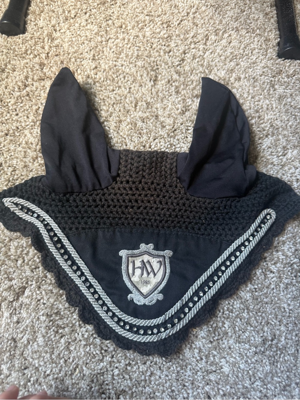 Black Horse Ear Bonnet with Embroidered Crest